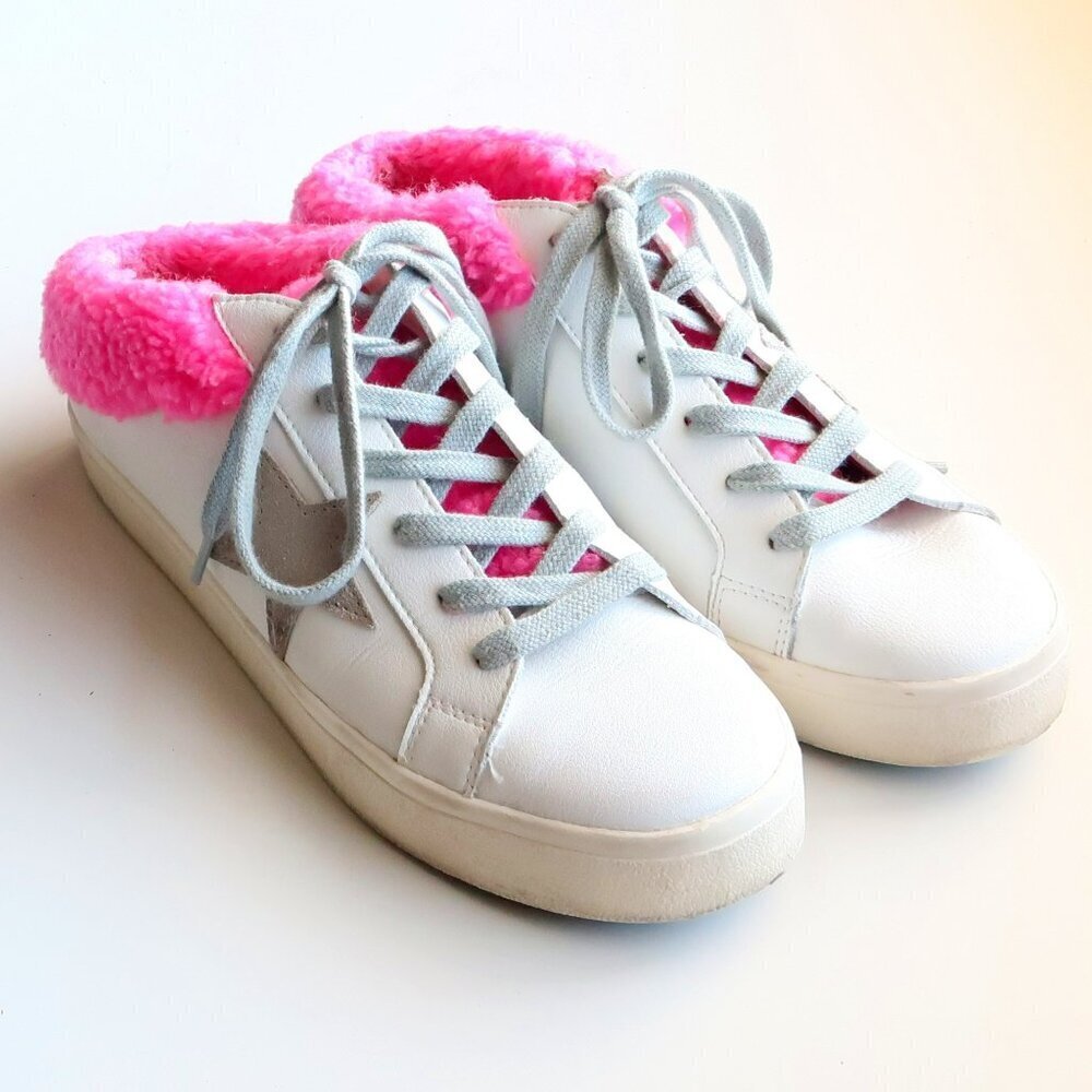 Steve Madden Polaris White Leather & Pink Sherpa Lace-up Star Sneakers Shoes 8 - Picture 8 of 16